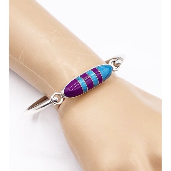 VTG 925 Sterling Silver Turquoise & Sugilite Inlay Hinged Bangle Bracelet Mexico - Picture 2 of 12